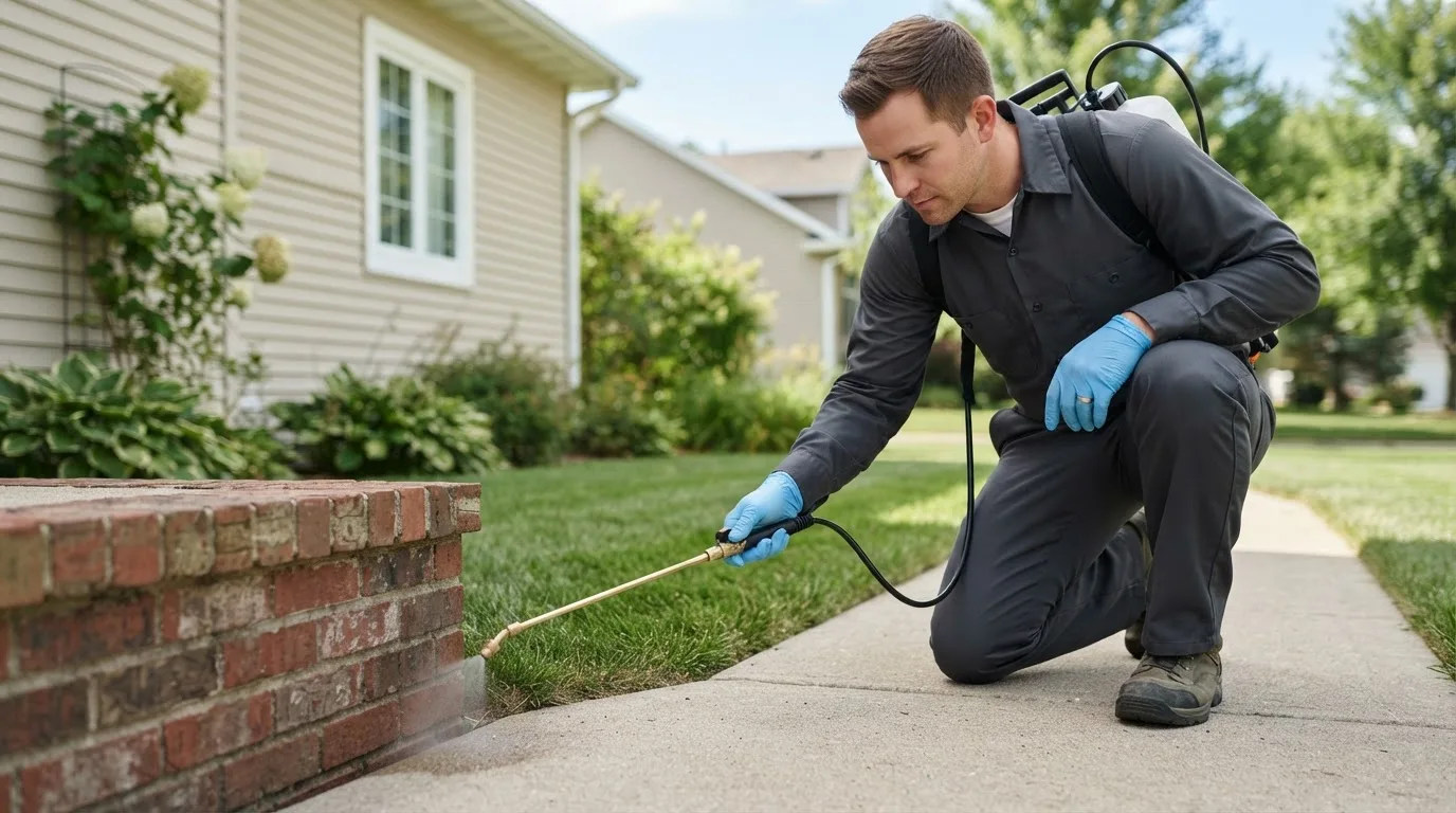 Pest control technician treating a home near Benedict, NE