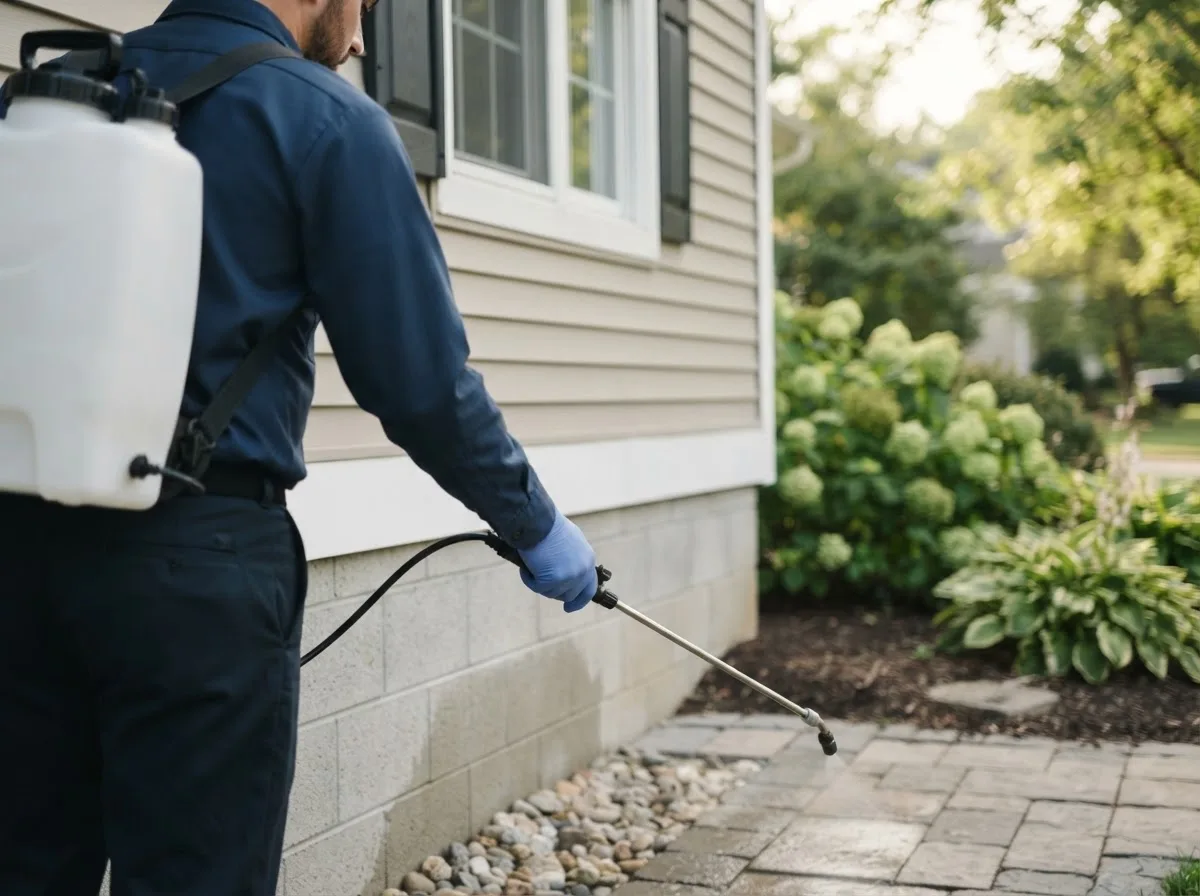 Pest control technician inspecting a home in Benedict, NE
